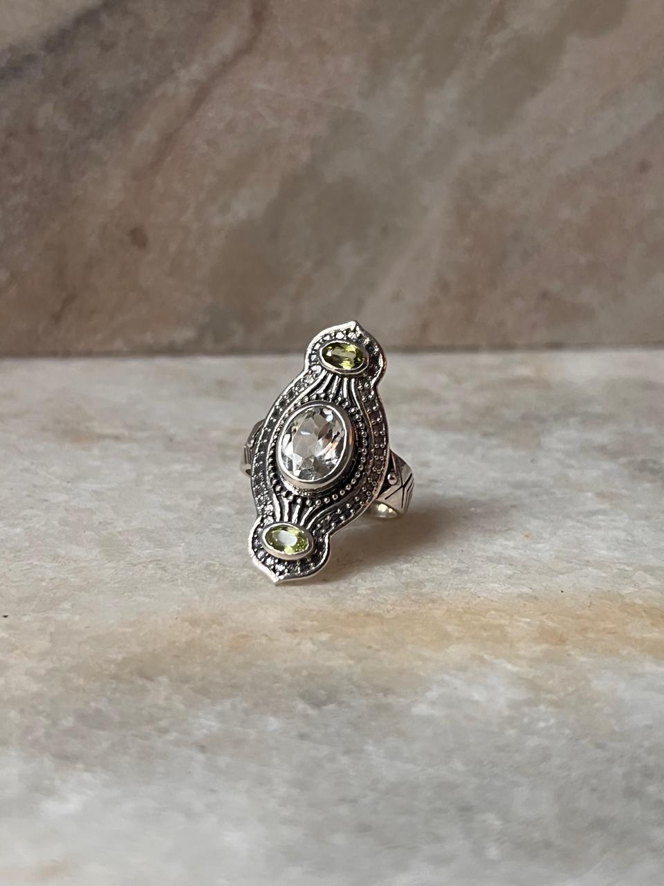 Peridot & Clear Quartz Tribal Engraved 925 Sterling Silver Ring