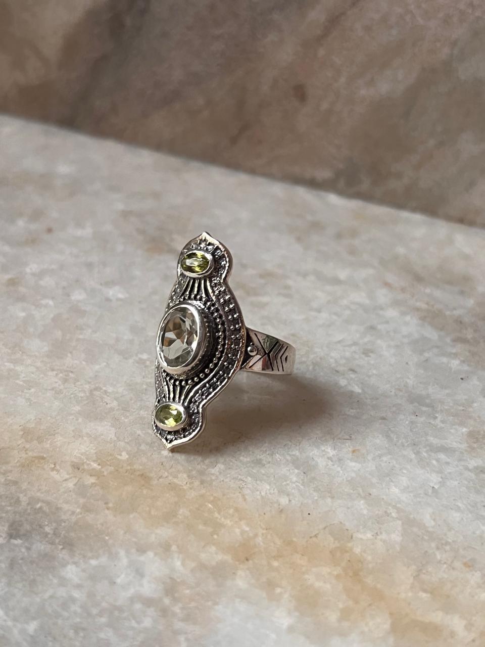 Peridot & Clear Quartz Tribal Engraved 925 Sterling Silver Ring