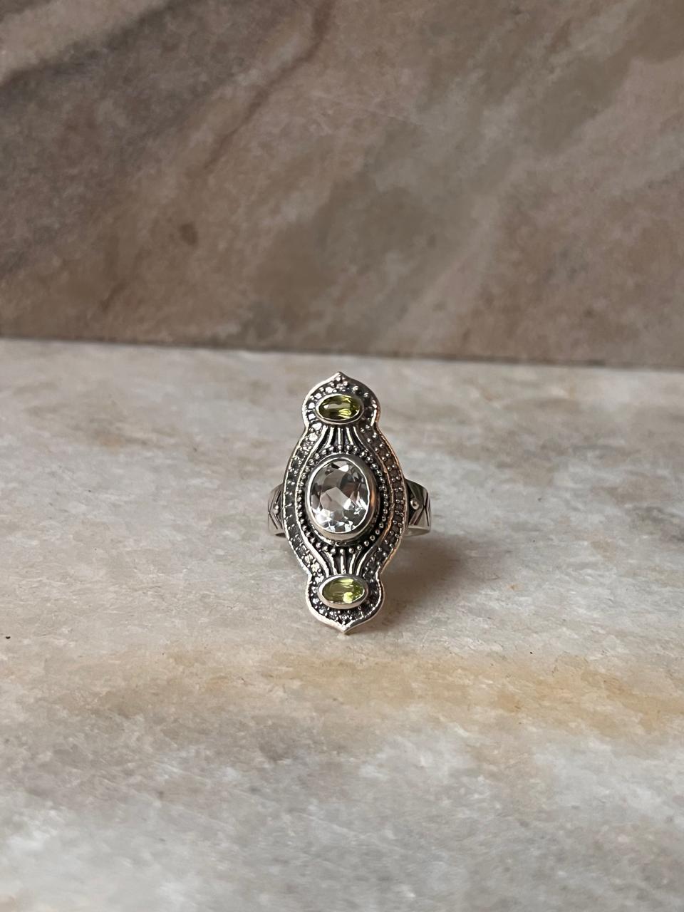Peridot & Clear Quartz Tribal Engraved 925 Sterling Silver Ring