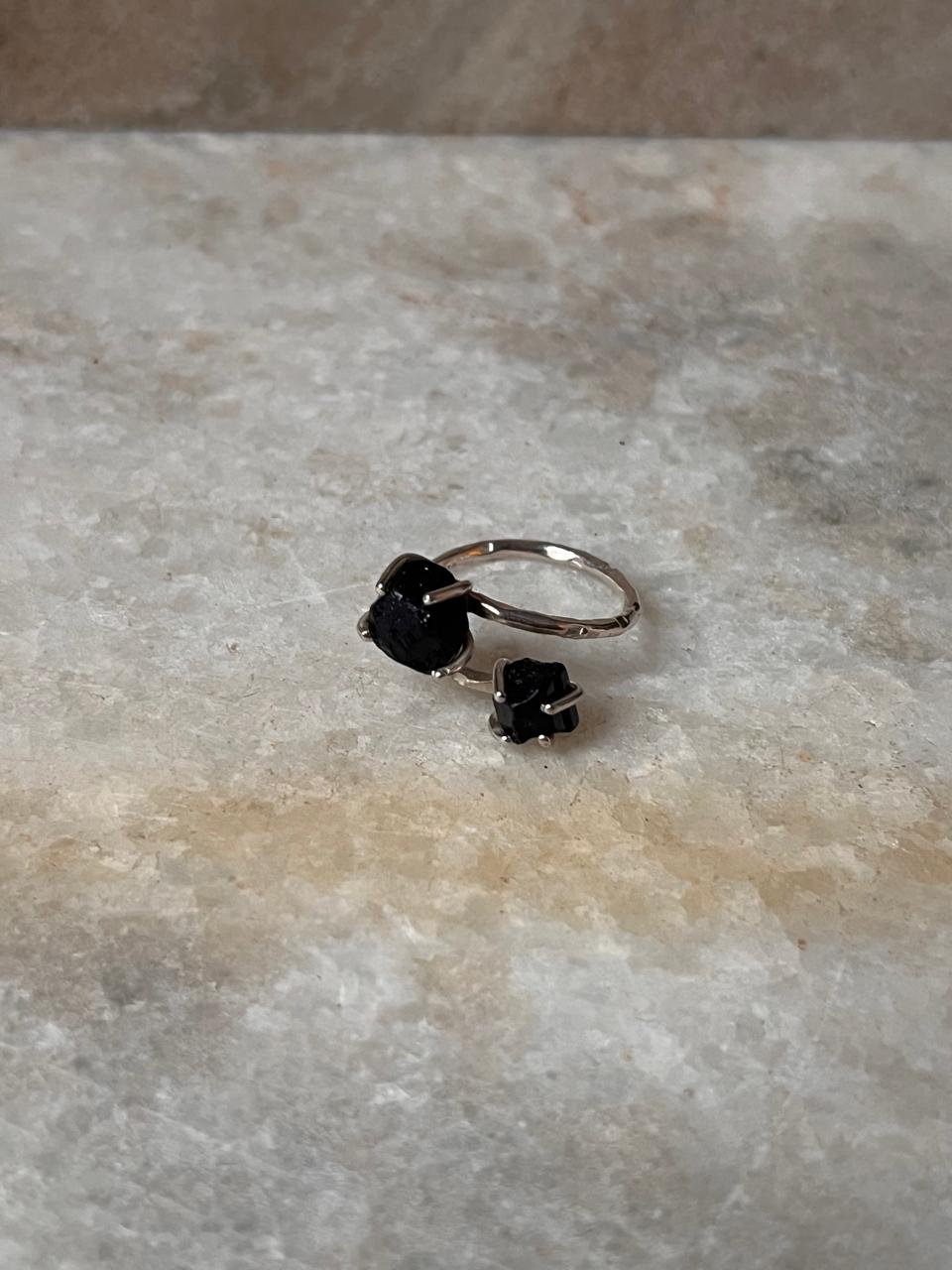 Black Tourmaline Double Raw Uncut Adjustable 925 Sterling Silver Ring