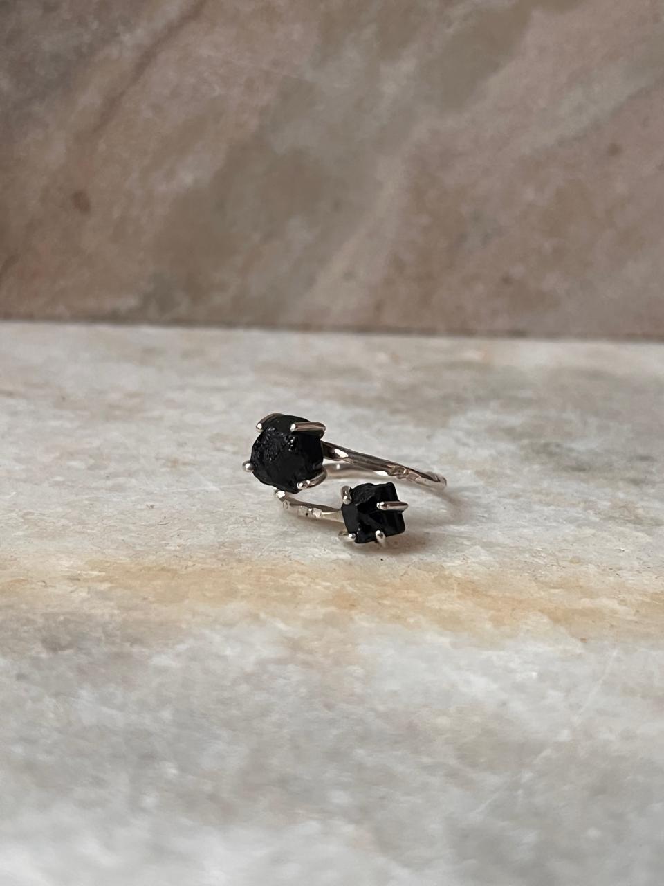 Black Tourmaline Double Raw Uncut Adjustable 925 Sterling Silver Ring