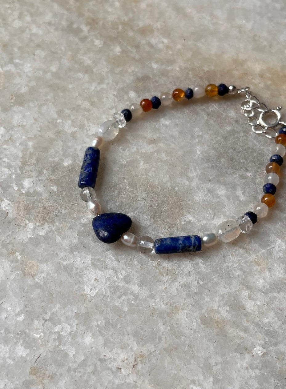 Lapis lazuli, Moonstone, Citrine & Pearl 4mm Round Handcrafted 925 Sterling Silver Bracelet
