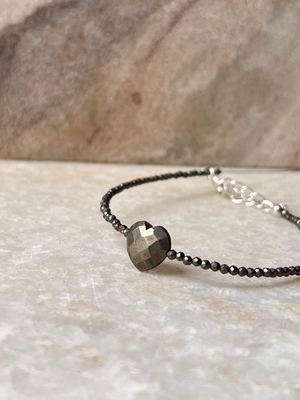Pyrite Heart & 2mm Beads 925 Sterling Silver Bracelet