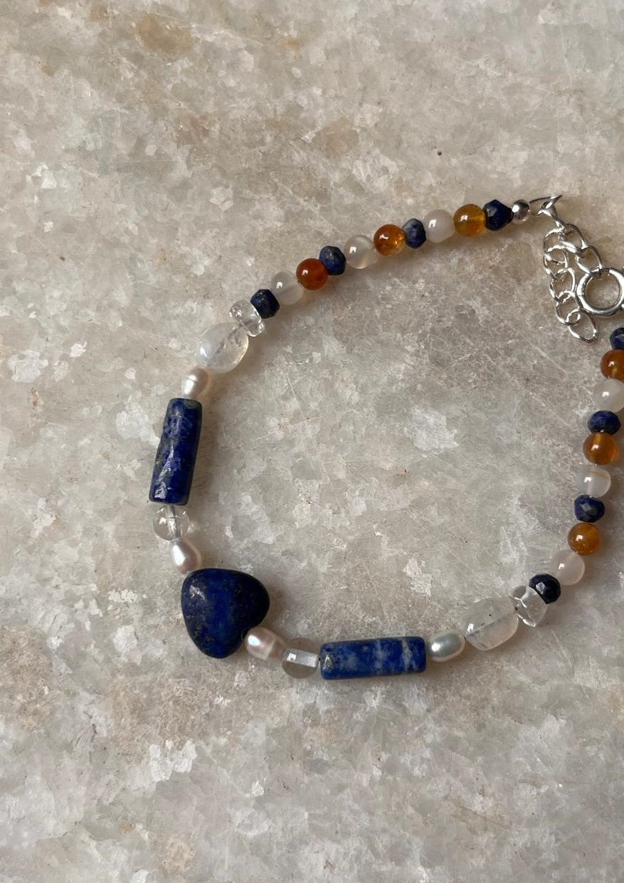 Lapis lazuli, Moonstone, Citrine & Pearl 4mm Round Handcrafted 925 Sterling Silver Bracelet