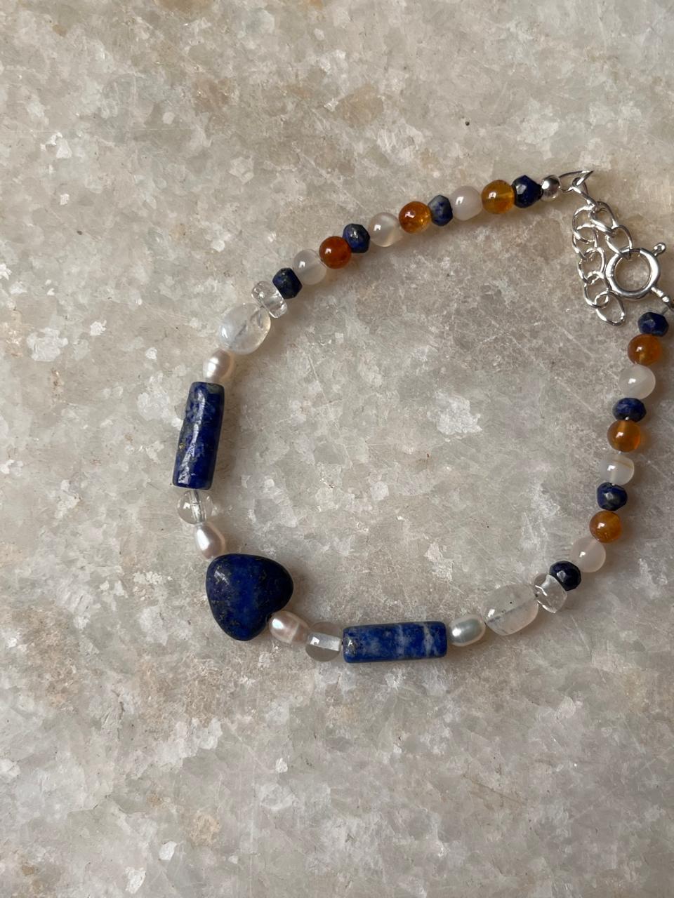 Lapis lazuli, Moonstone, Citrine & Pearl 4mm Round Handcrafted 925 Sterling Silver Bracelet