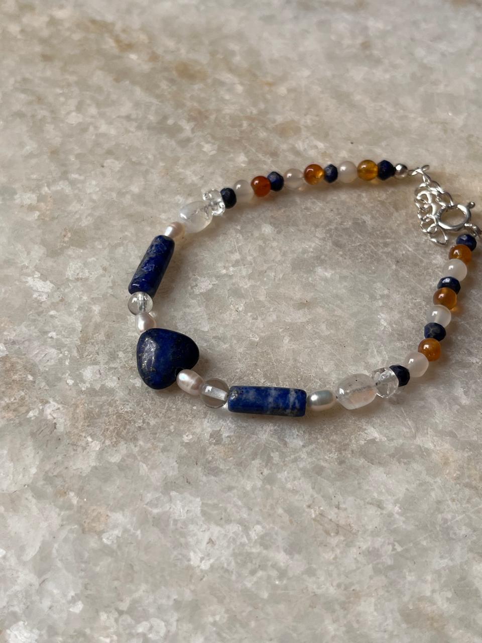 Lapis lazuli, Moonstone, Citrine & Pearl 4mm Round Handcrafted 925 Sterling Silver Bracelet