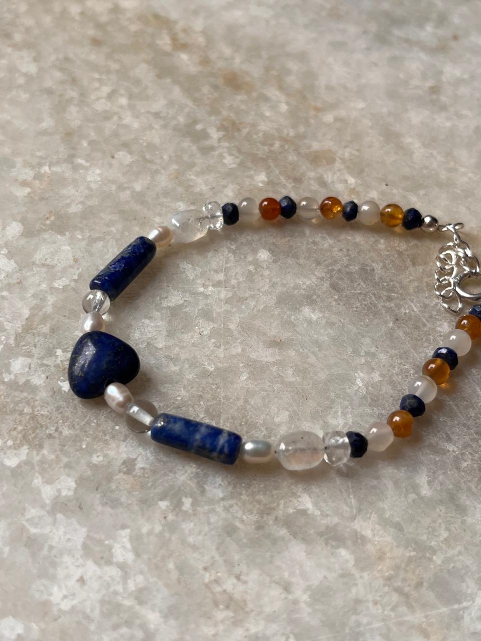 Lapis lazuli, Moonstone, Citrine & Pearl 4mm Round Handcrafted 925 Sterling Silver Bracelet
