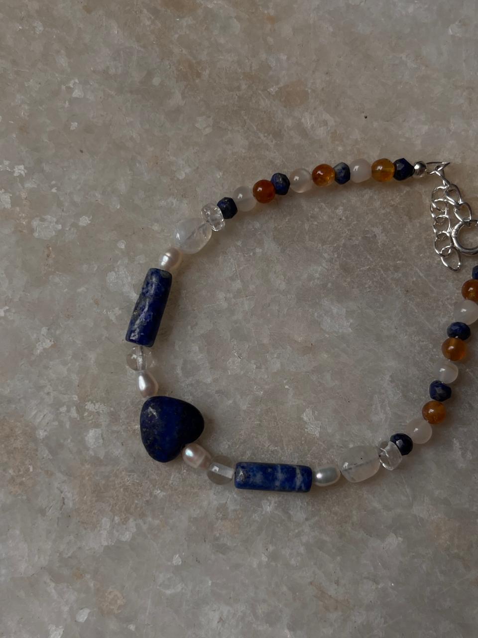 Lapis lazuli, Moonstone, Citrine & Pearl 4mm Round Handcrafted 925 Sterling Silver Bracelet
