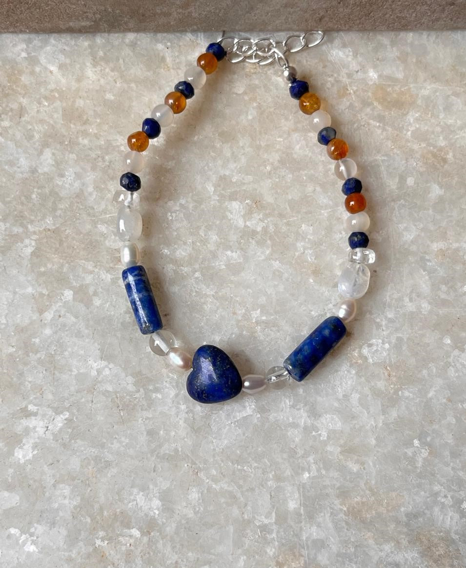 Lapis lazuli, Moonstone, Citrine & Pearl 4mm Round Handcrafted 925 Sterling Silver Bracelet