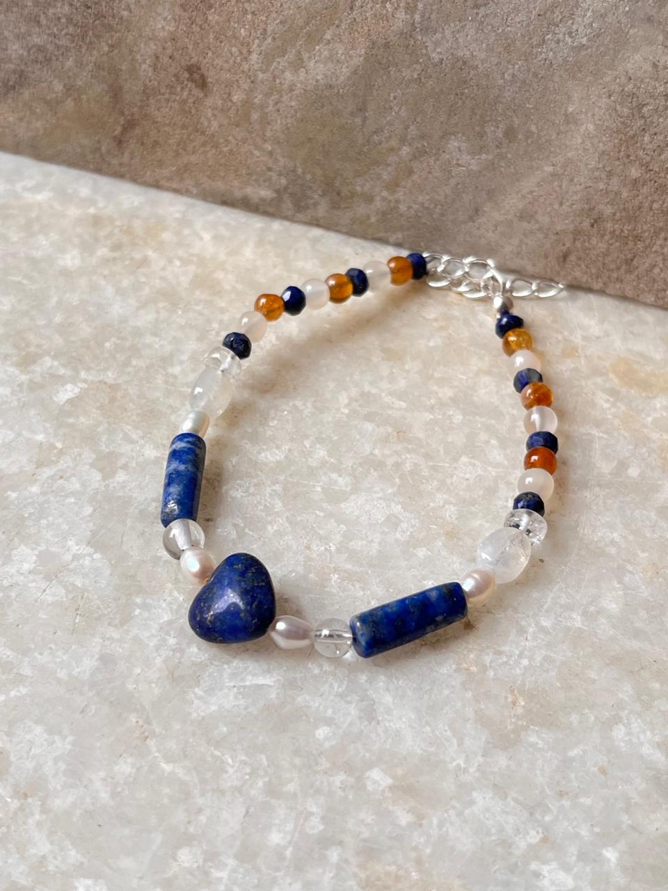 Lapis lazuli, Moonstone, Citrine & Pearl 4mm Round Handcrafted 925 Sterling Silver Bracelet