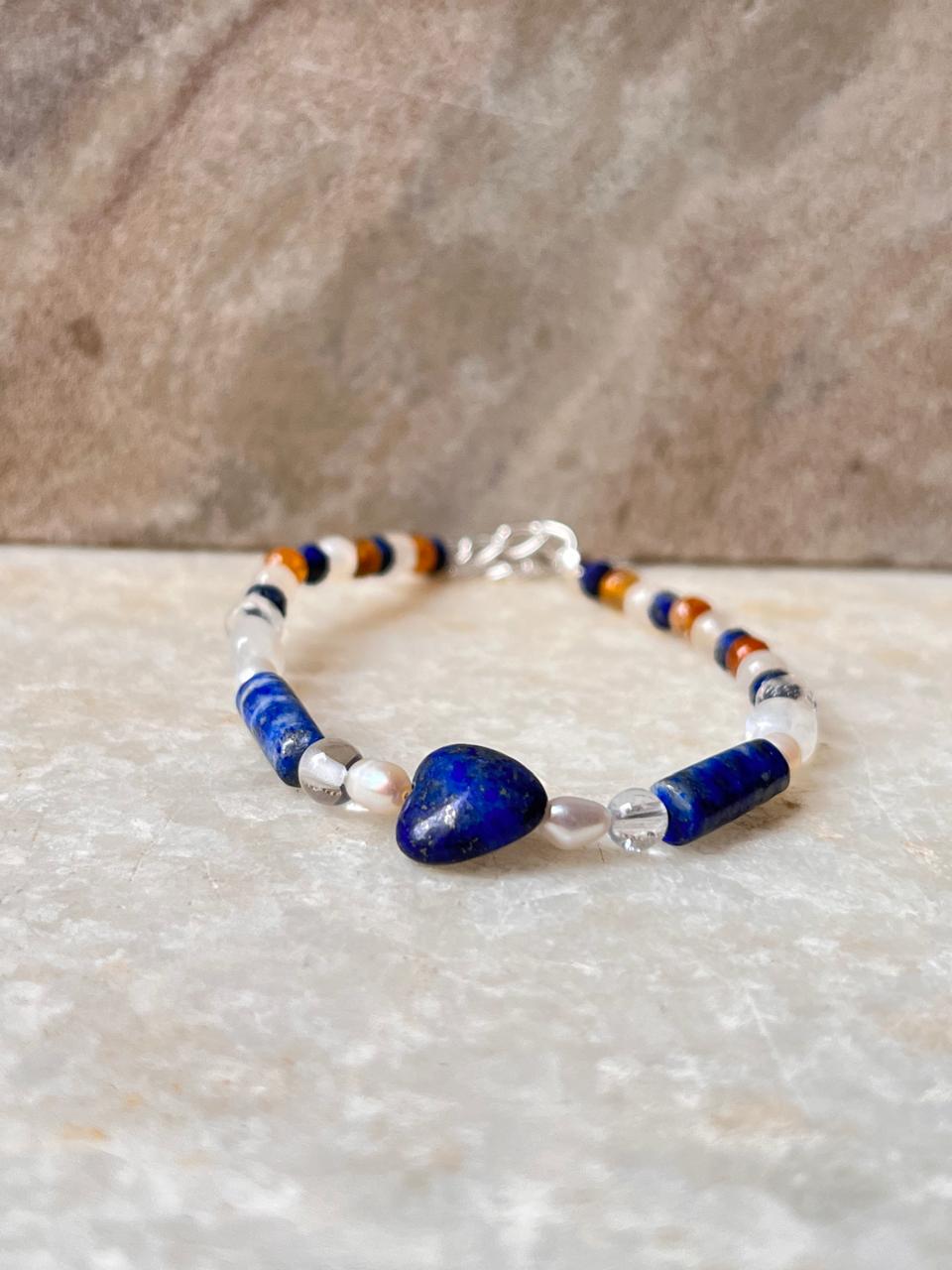 Lapis lazuli, Moonstone, Citrine & Pearl 4mm Round Handcrafted 925 Sterling Silver Bracelet