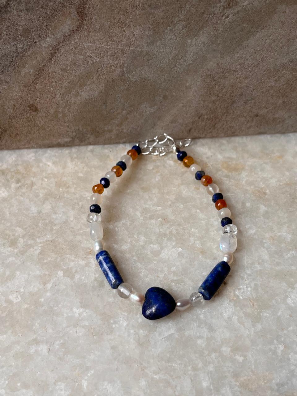 Lapis lazuli, Moonstone, Citrine & Pearl 4mm Round Handcrafted 925 Sterling Silver Bracelet