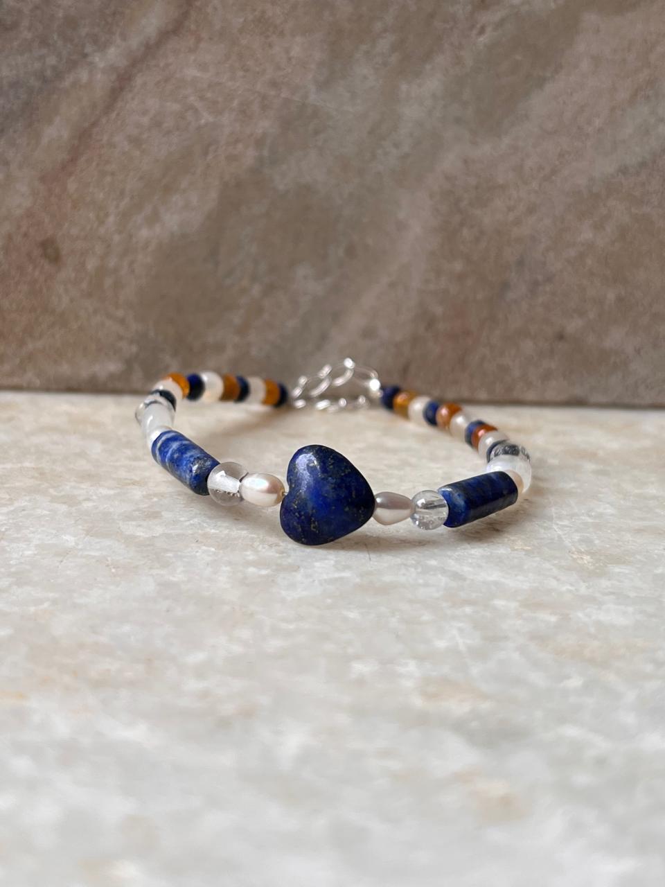 Lapis lazuli, Moonstone, Citrine & Pearl 4mm Round Handcrafted 925 Sterling Silver Bracelet