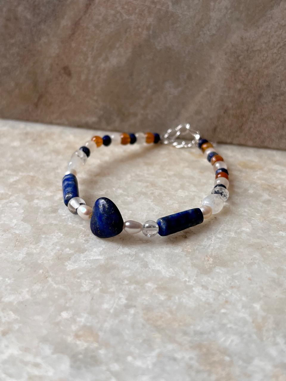 Lapis lazuli, Moonstone, Citrine & Pearl 4mm Round Handcrafted 925 Sterling Silver Bracelet