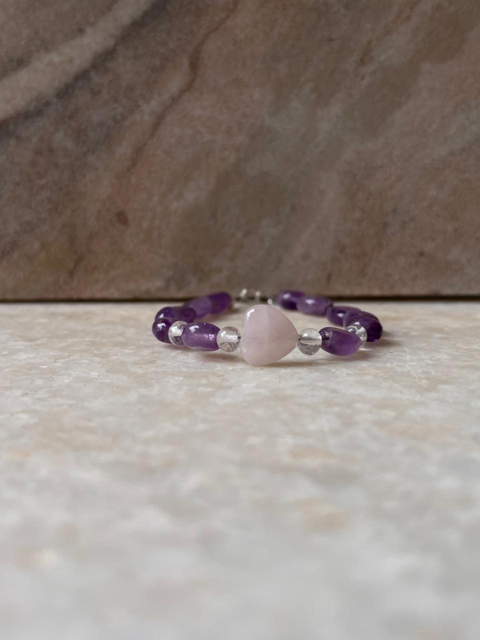 Rose Quartz Heart, Amethyst Tumble & Clear Quartz 925 Sterling Silver Bracelet