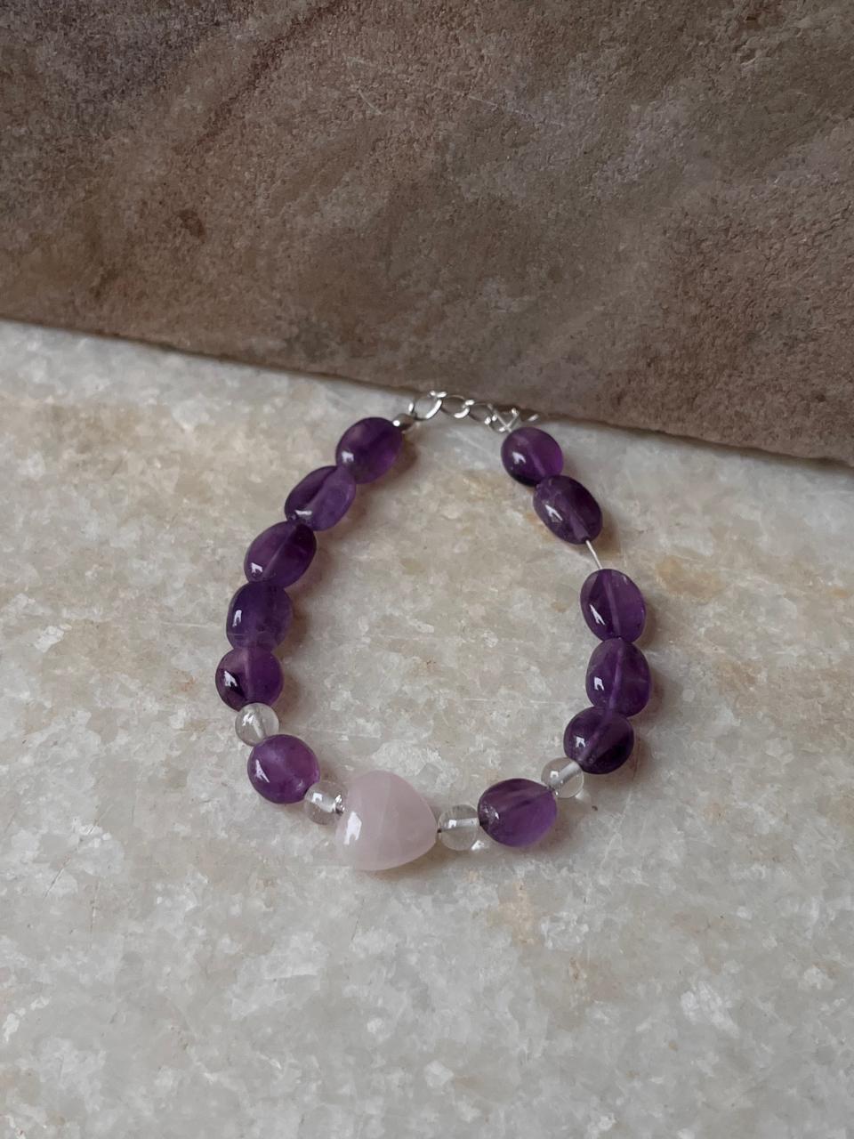 Rose Quartz Heart, Amethyst Tumble & Clear Quartz 925 Sterling Silver Bracelet