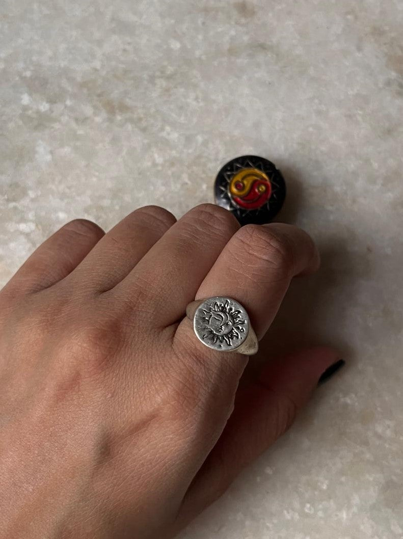 Sun Moon Engraved Signet 925 Sterling Silver Ring
