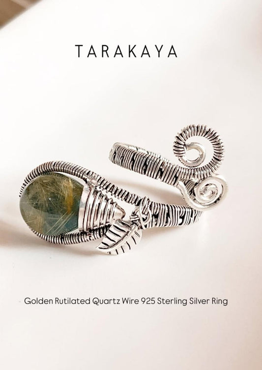 Golden Rutilated Quartz Wire 925 Sterling Silver Ring