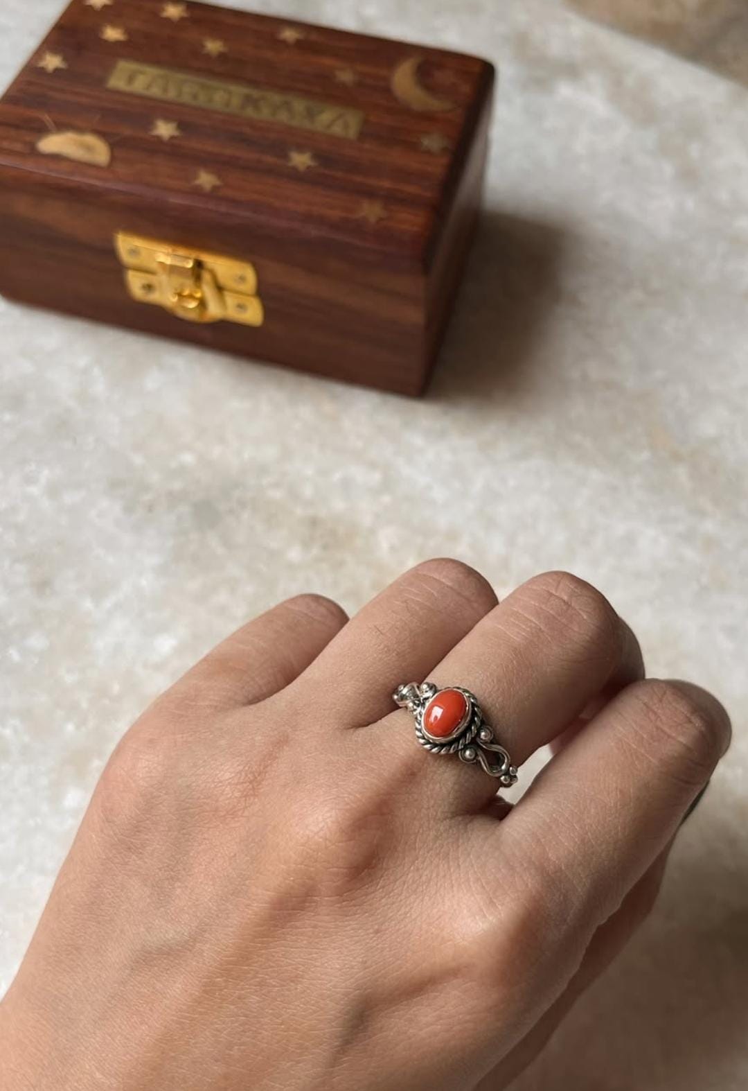 Natural Coral Boho Oval 925 Sterling Silver Ring