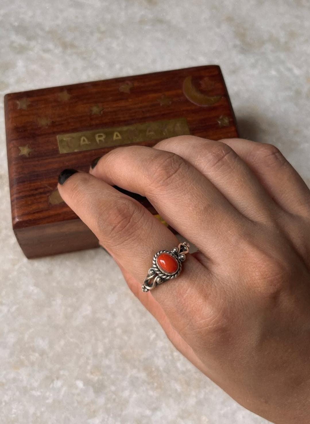 Natural Coral Boho Oval 925 Sterling Silver Ring