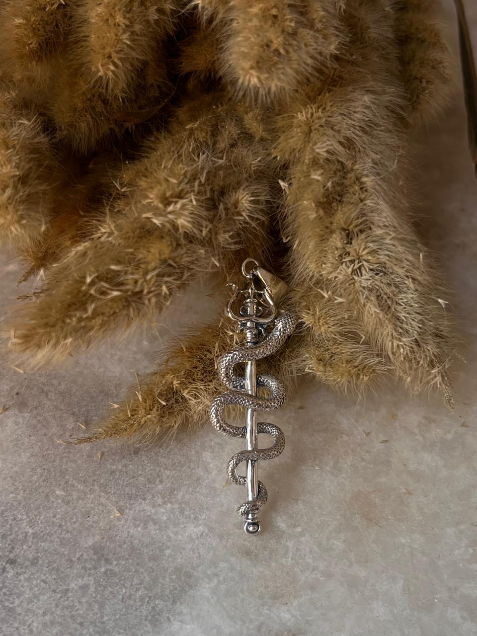 Snake Wrapped Trishul Trident Pendant in Sterling Silver