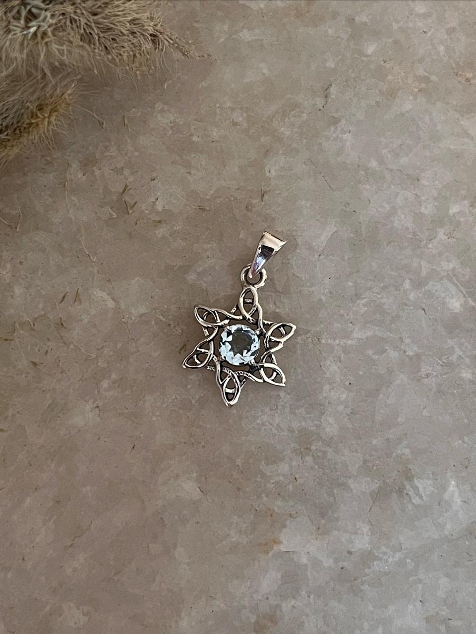 Blue Topaz Sun Celtic Knot 925 Sterling Silver Pendant