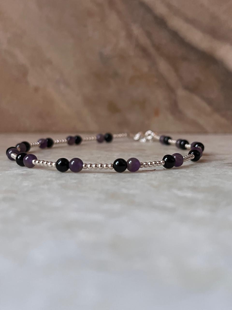 Handcrafted 925 Sterling Silver Bracelet with Onyx and Amethyst