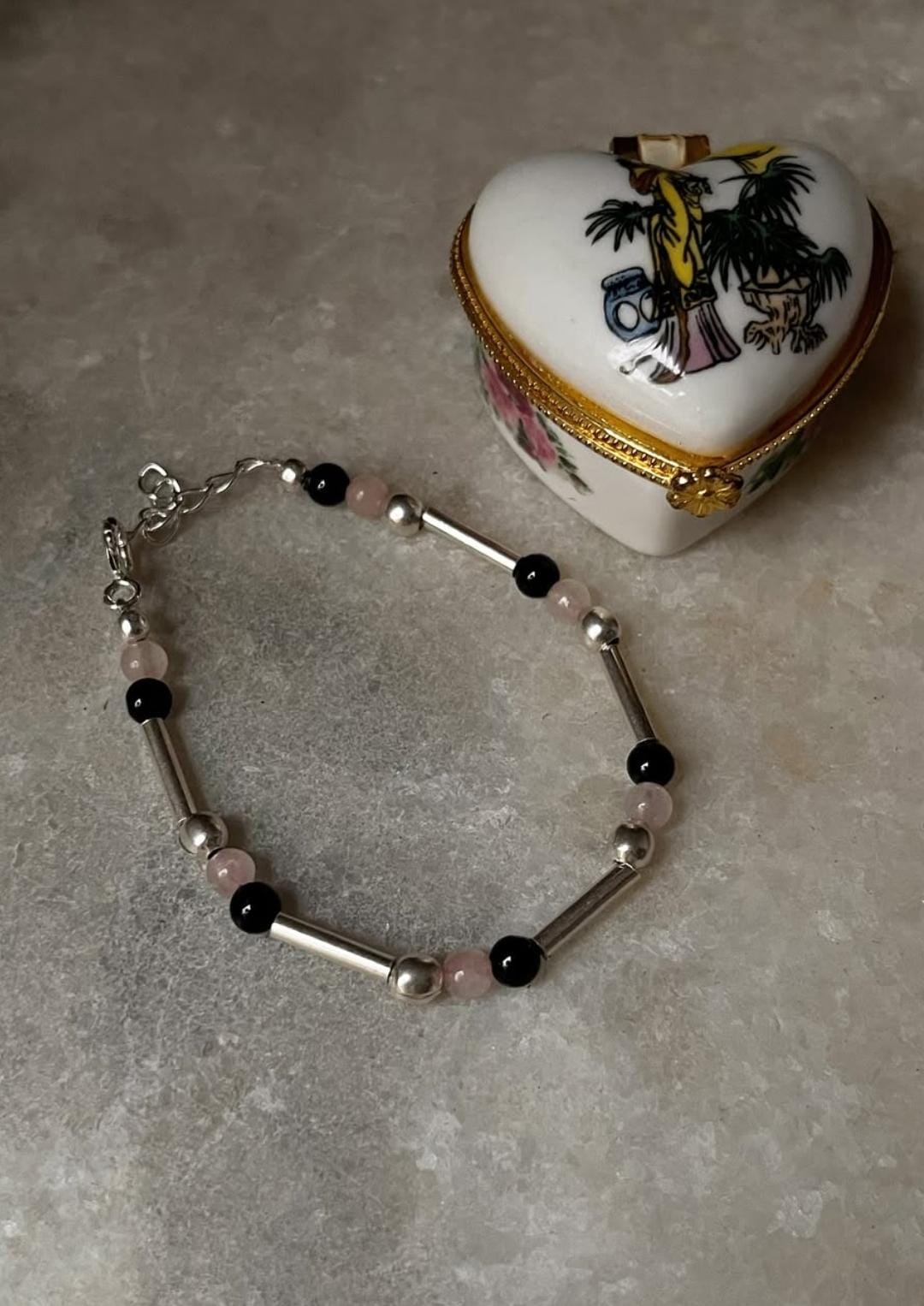 Healing Crystal Bracelet with Rose Quartz, Onyx, and Silver Beads