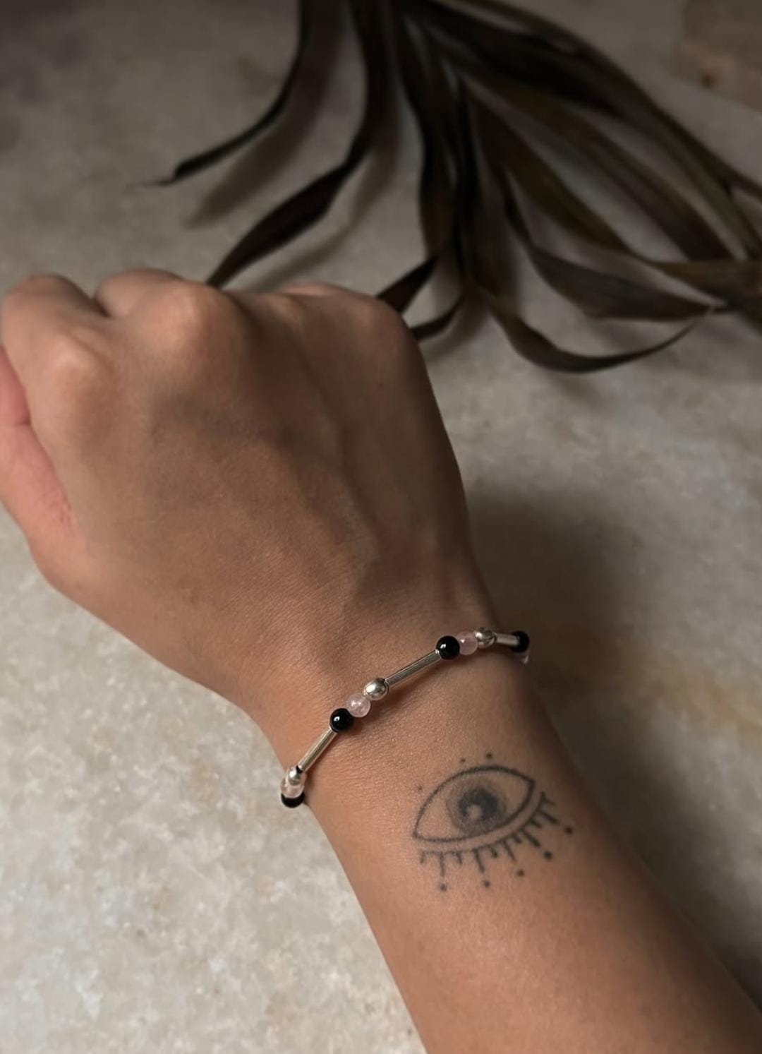 Dainty Black Onyx and Rose Quartz 4mm Beaded Silver Bracelet