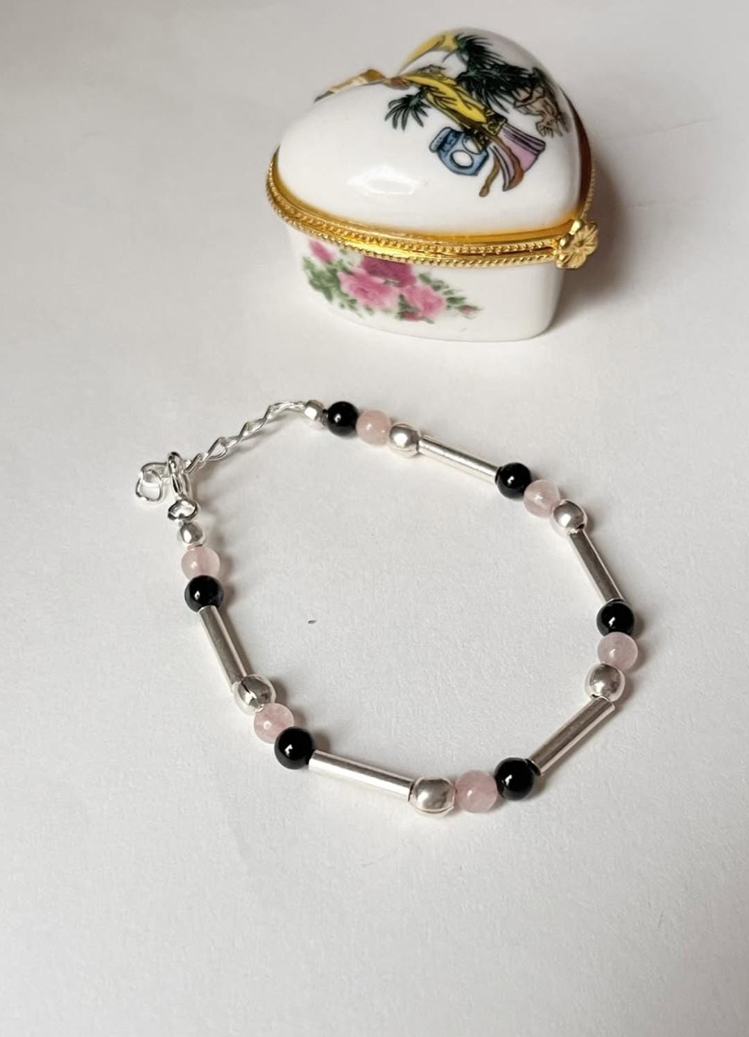 925 Sterling Silver Bracelet with Black Onyx and Rose Quartz Beads