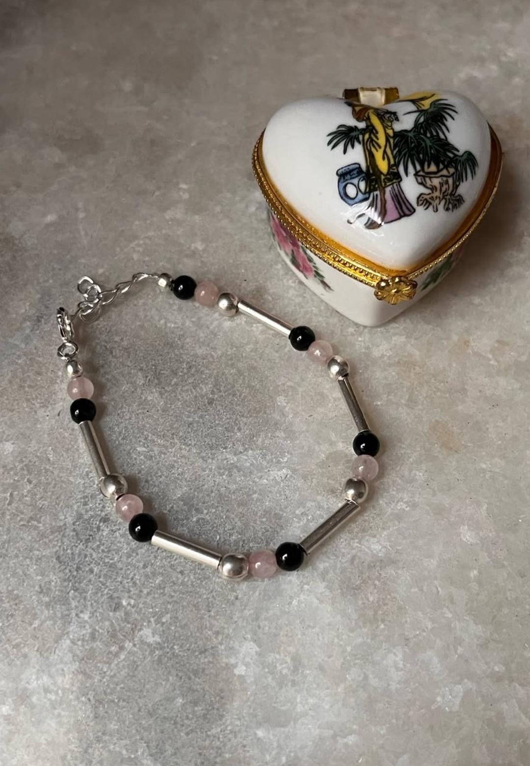 Natural Black Onyx and Rose Quartz 925 Silver Beaded Bracelet