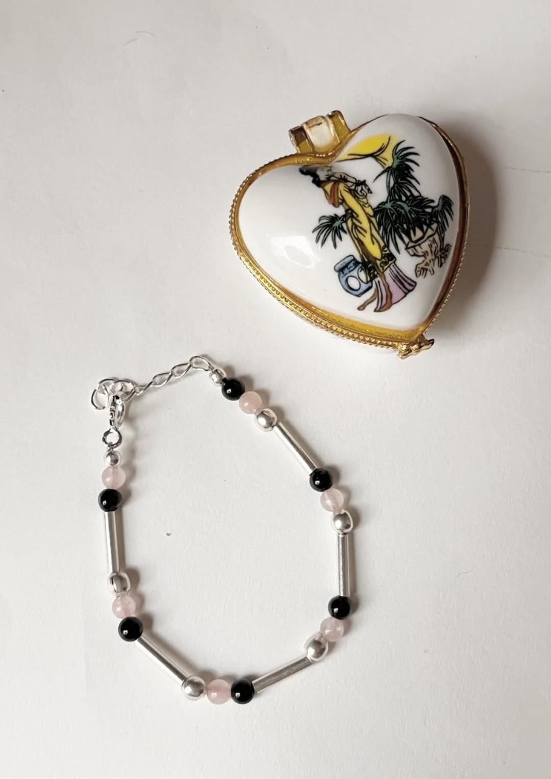 Healing Crystal Bracelet with Rose Quartz, Onyx, and Silver Beads