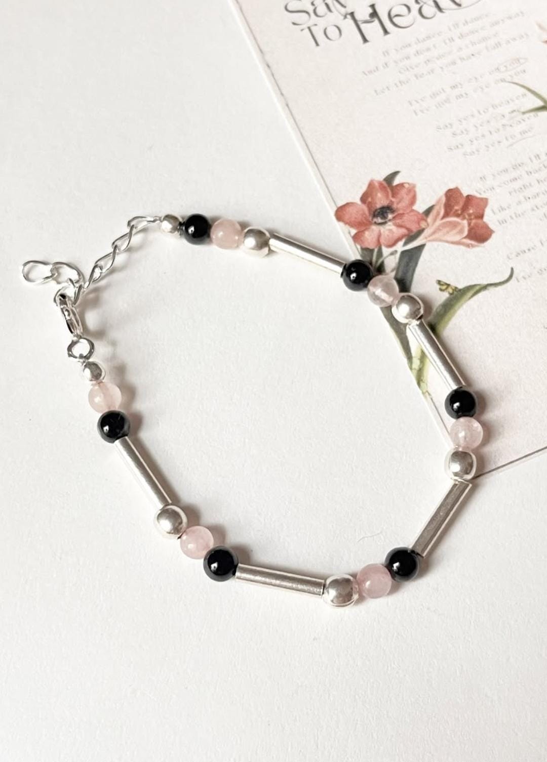 Gemstone Bracelet with Onyx, Rose Quartz, and Sterling Silver Beads