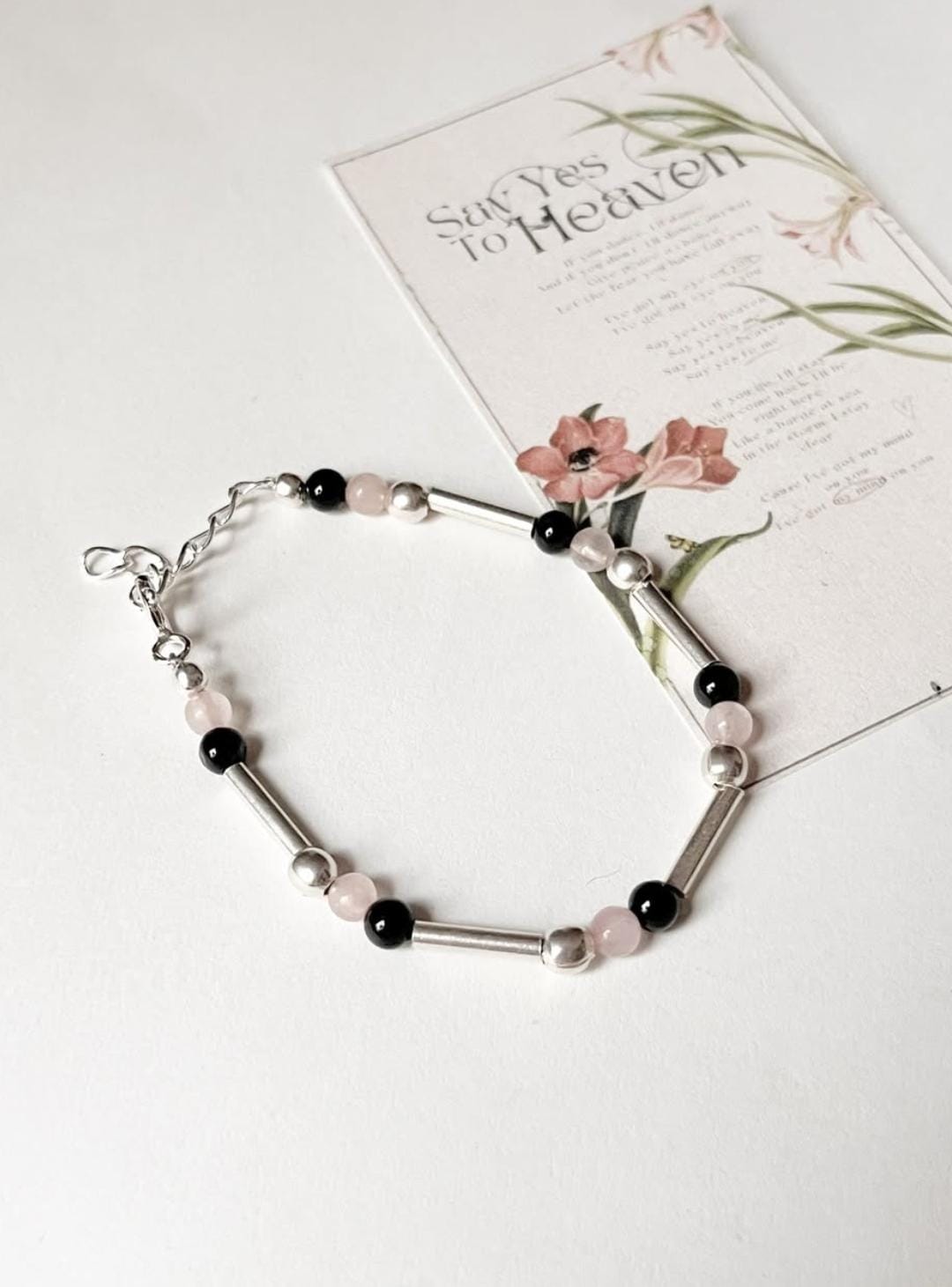 Fashionable Sterling Silver Bracelet with Rose Quartz and Black Onyx