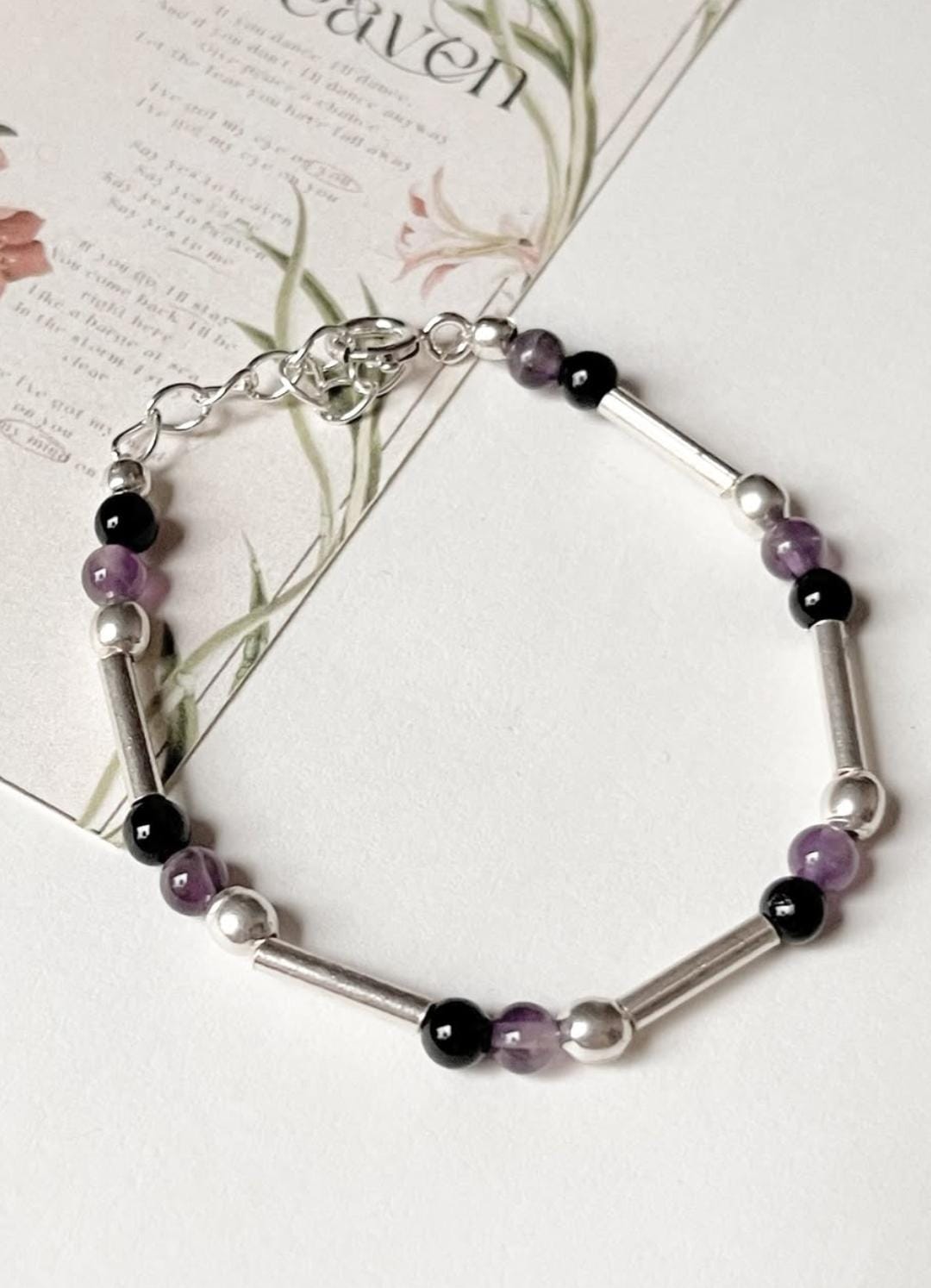 Stylish Black Onyx and Amethyst Gemstone Silver Bracelet