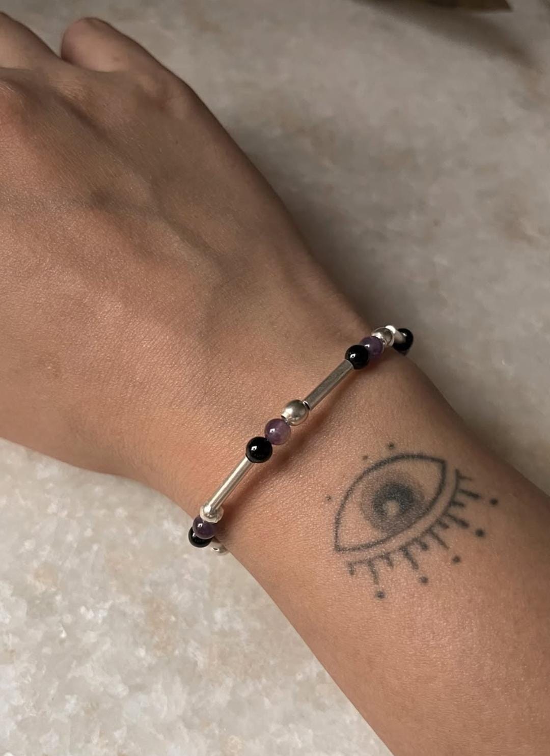 Healing Crystal Bracelet with Onyx, Amethyst, and Silver Beads