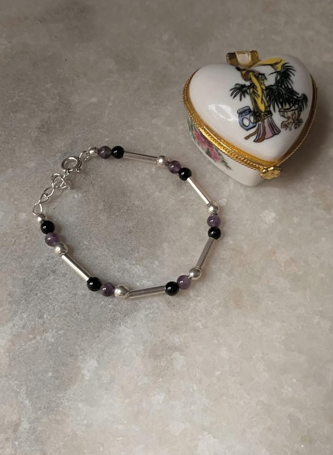 Natural Amethyst and Black Onyx 925 Silver Bracelet