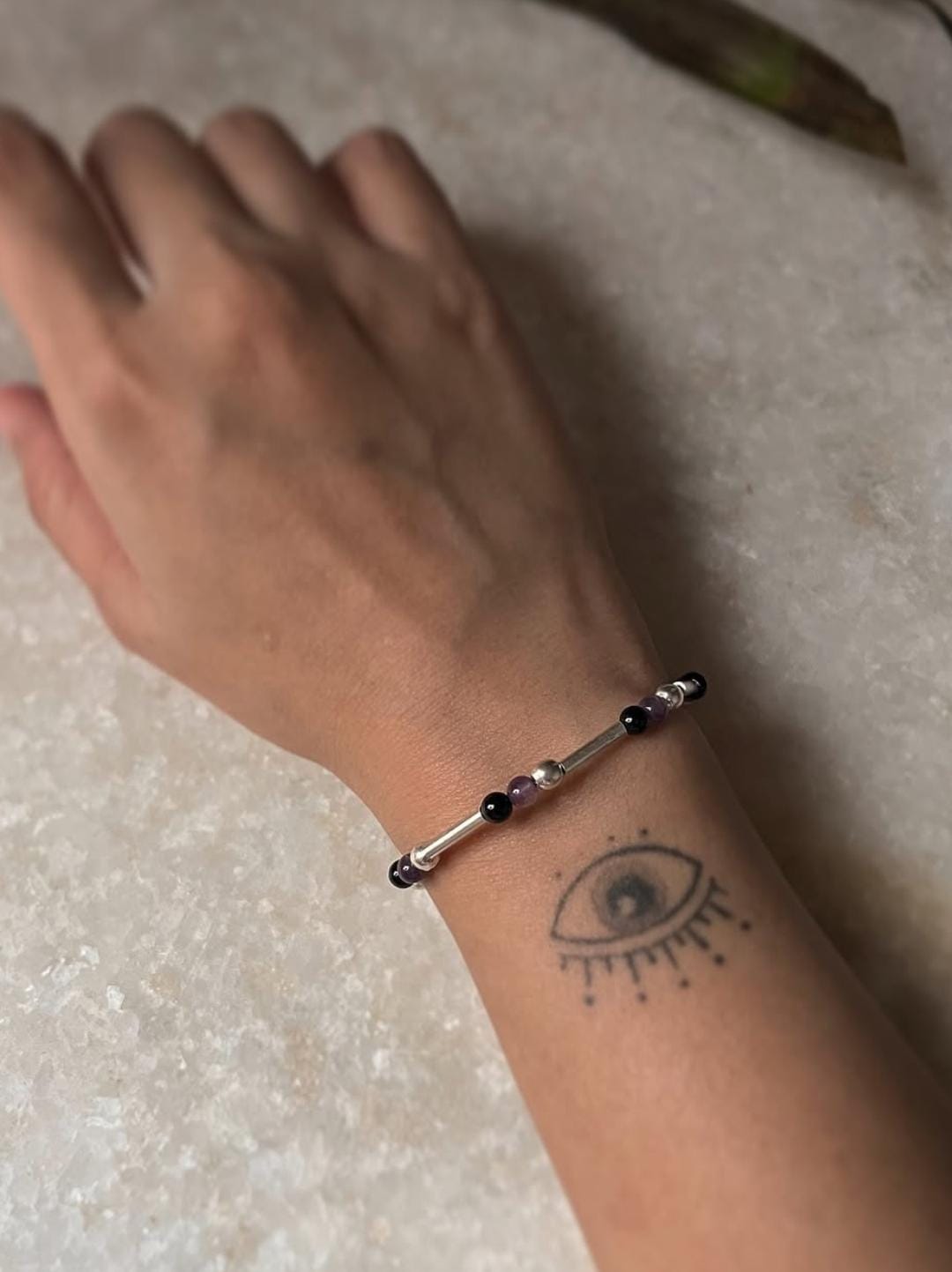 Elegant Amethyst and Black Onyx Crystal Silver Bracelet