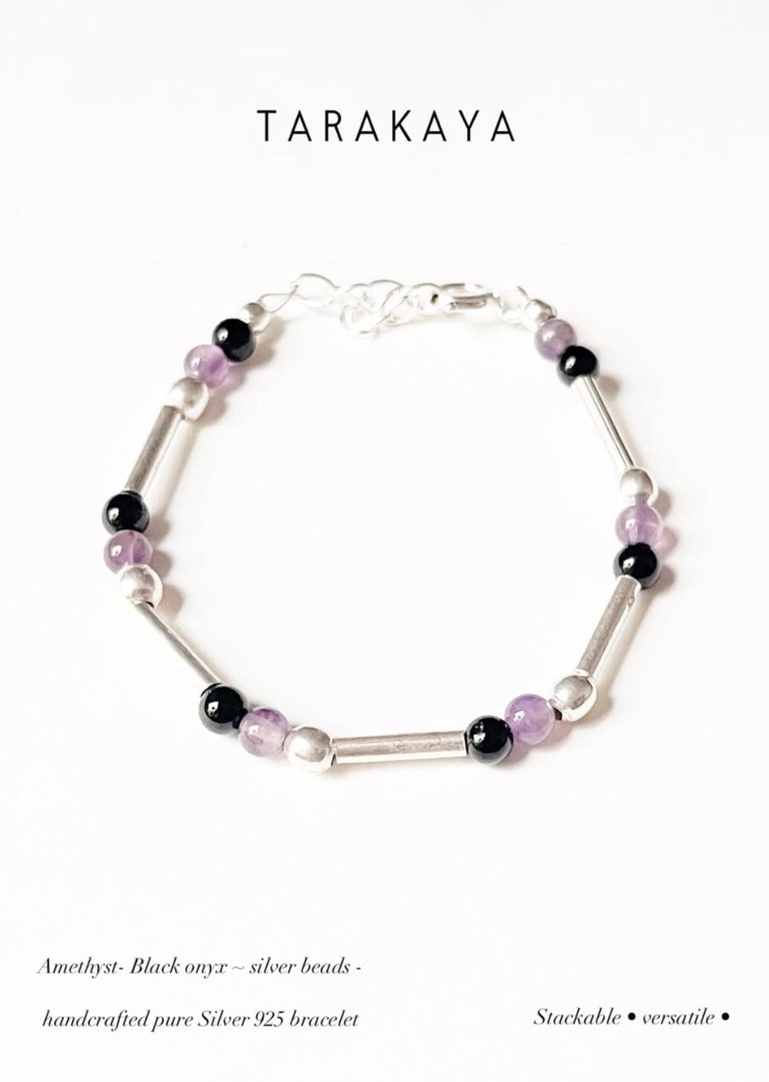 925 Sterling Silver Bracelet with Black Onyx and Amethyst Beads
