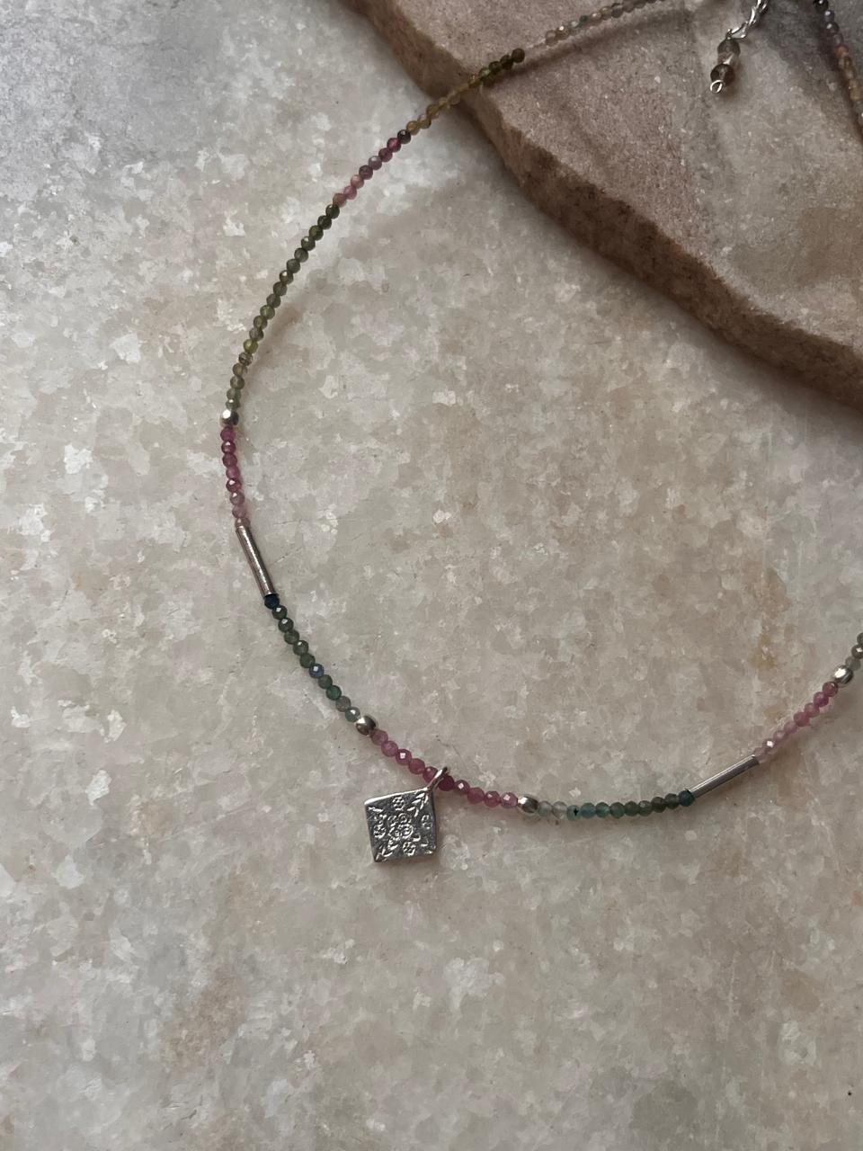 Handmade tribal choker necklace with multi tourmaline gemstones in 925 silver