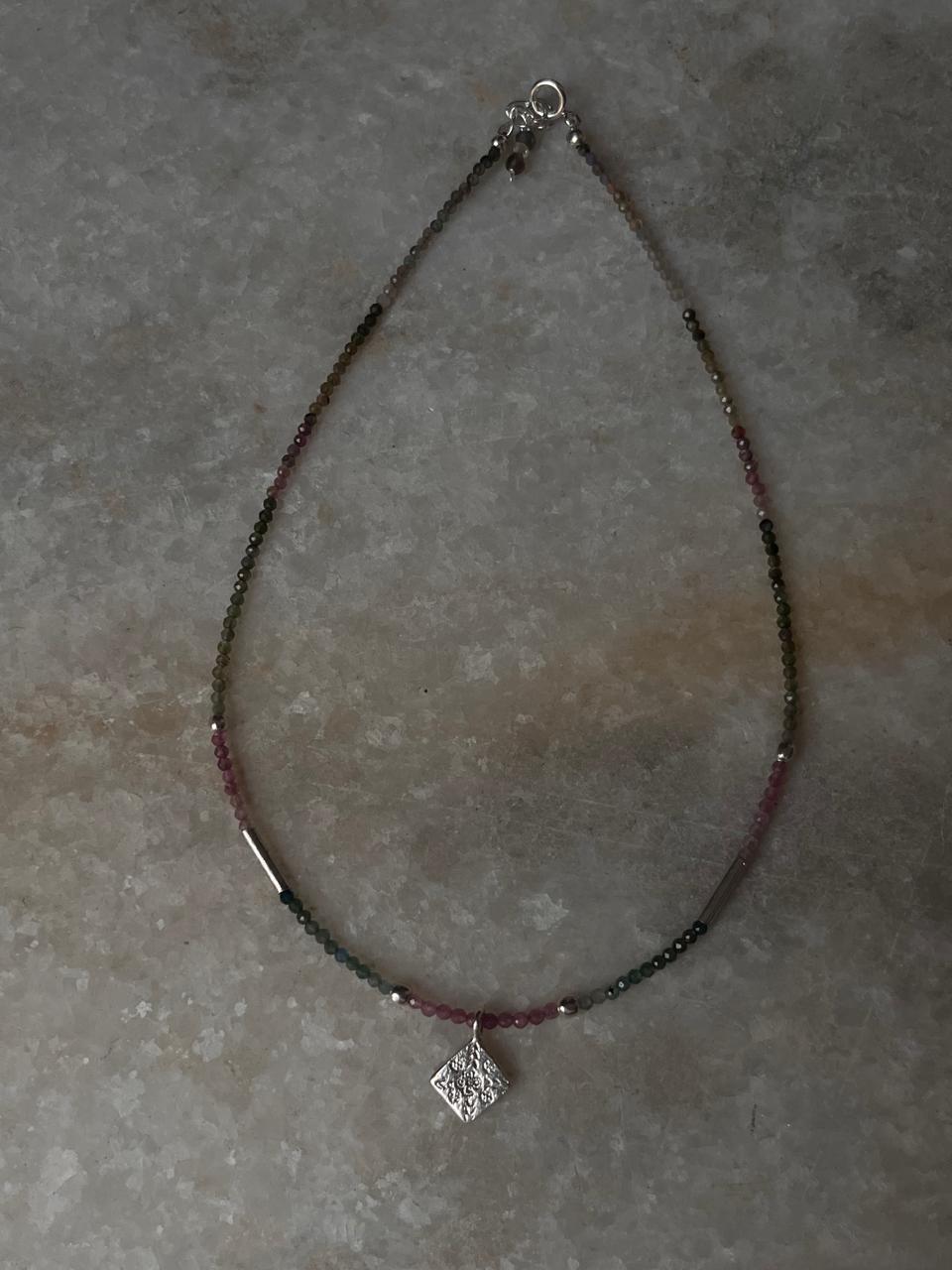 Ethnic tribal 925 silver choker necklace with multi tourmaline beads