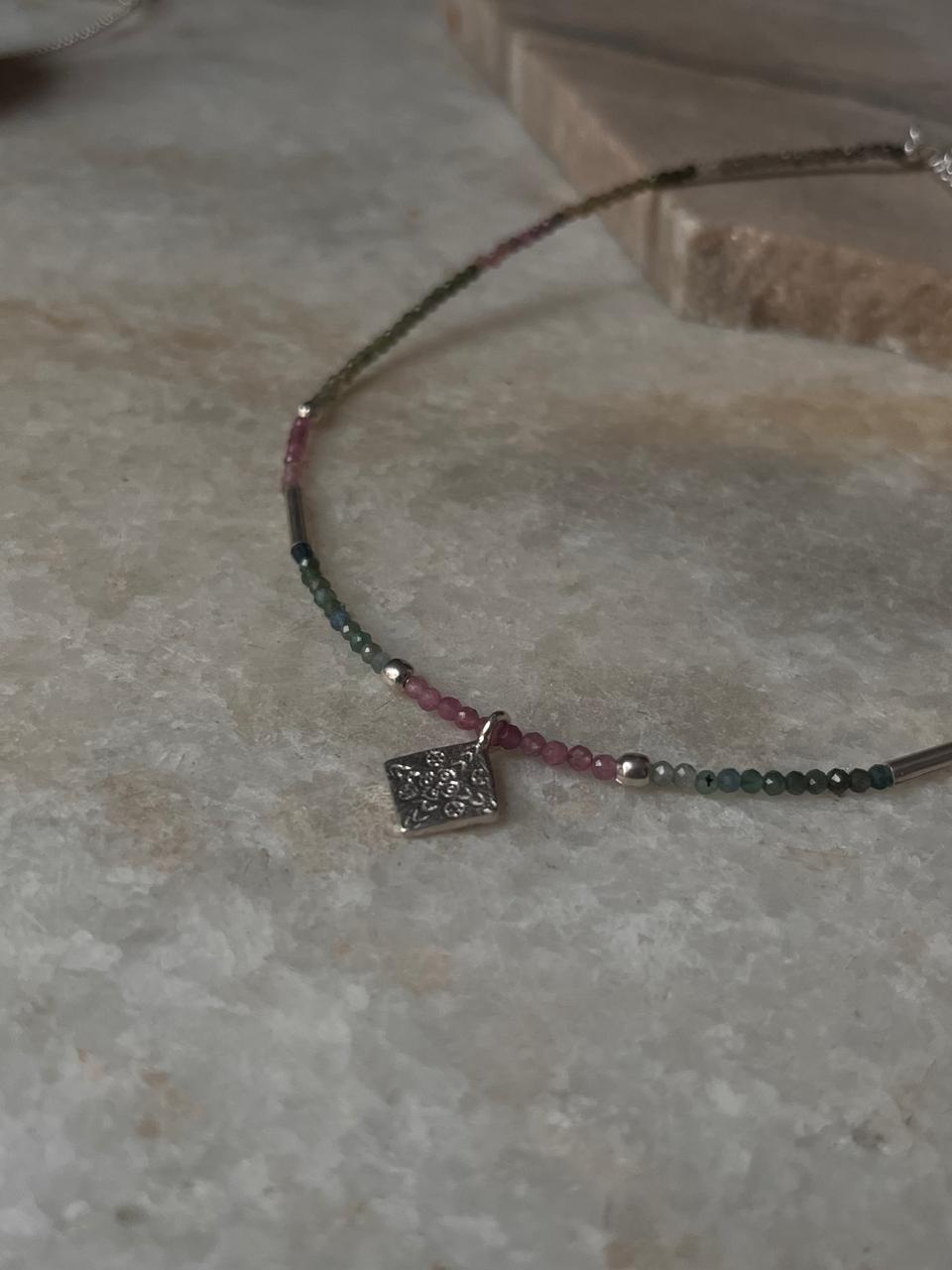 Handcrafted silver tribal choker necklace with natural multi tourmaline