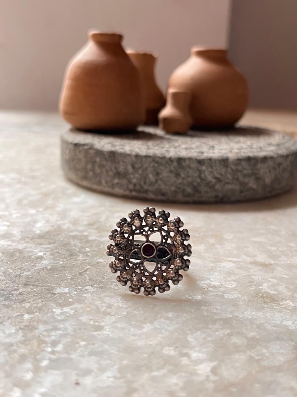 Handcrafted Mandala Flower Kundan Silver Ring Antique Finish