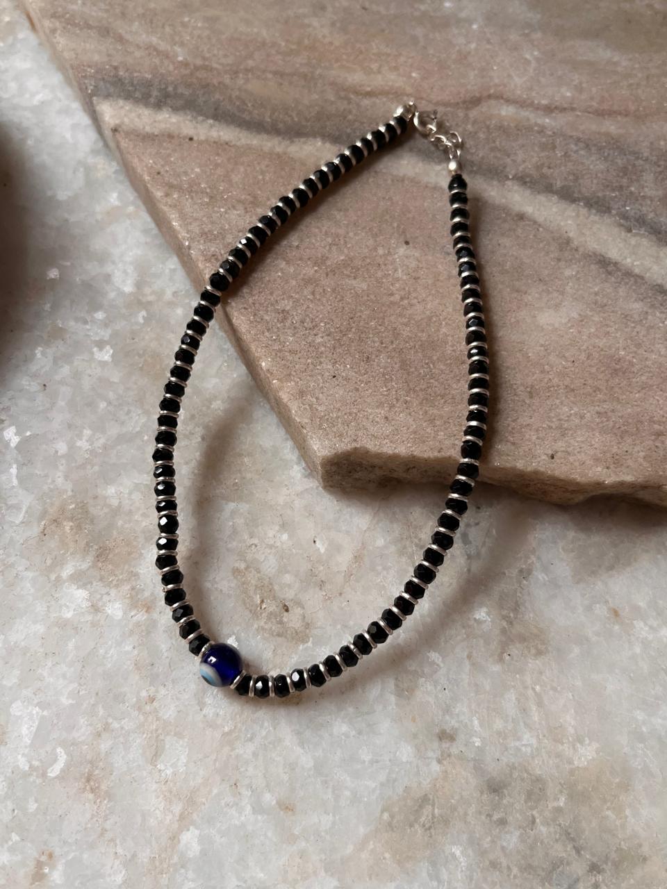 Evil Eye & Black Bead Nazariya 925 Sterling Silver Anklet