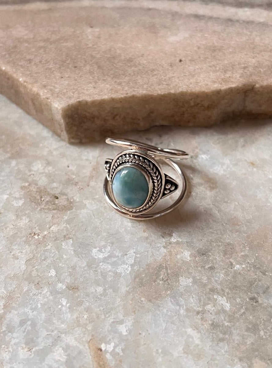 Larimar Oval Boho Statement 925 Sterling Silver Ring