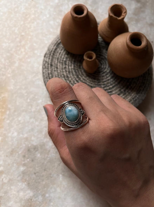 Larimar Oval Boho Statement 925 Sterling Silver Ring