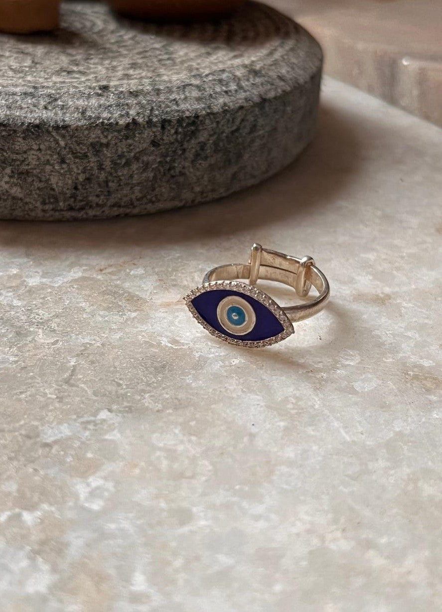 Evil eye Cz enamelled 925 Sterling Silver Adjustable Ring