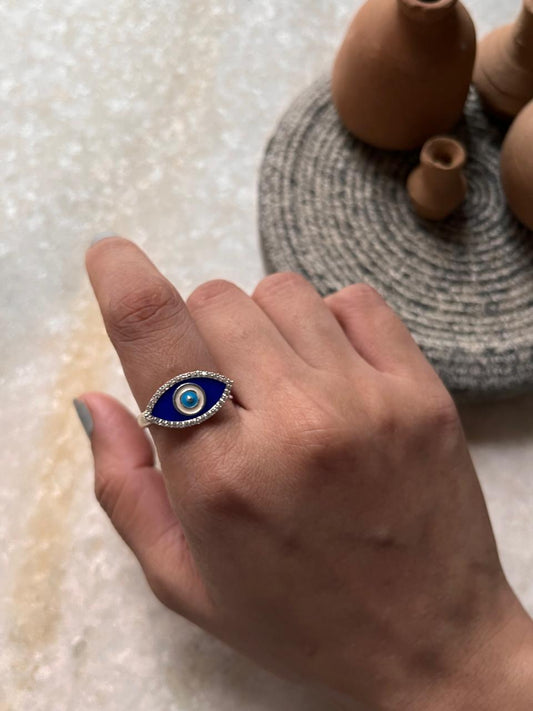 Evil eye Cz enamelled 925 Sterling Silver Adjustable Ring