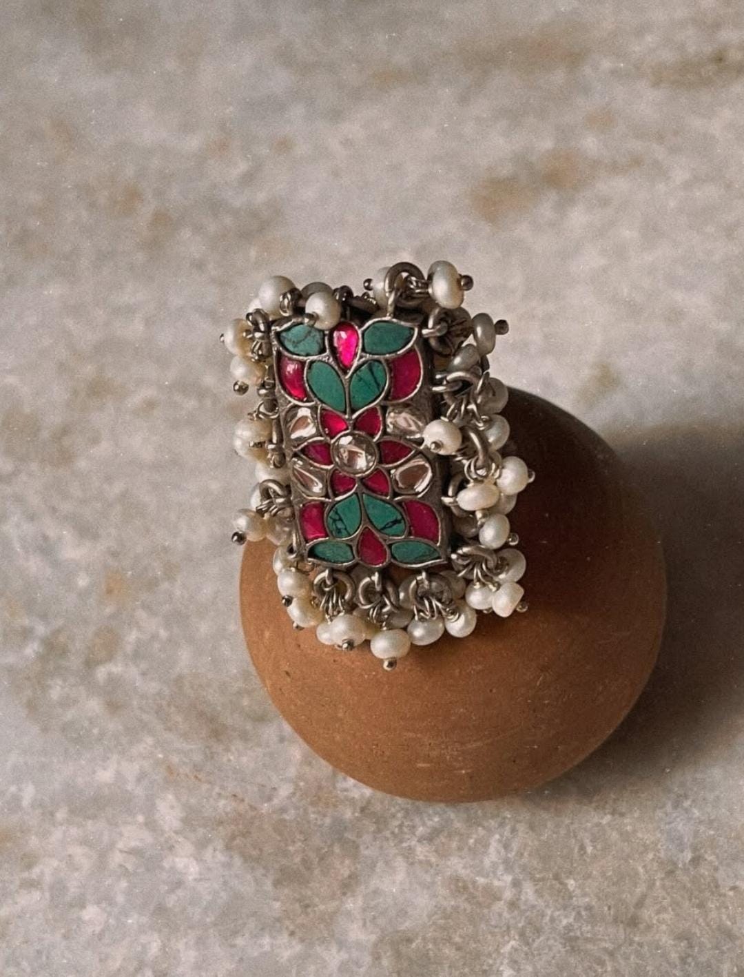 Antique Turquoise Meenakari Kundan Fresh Water Pearls Handcrafted Silver 925 Sterling Adjustable Ring