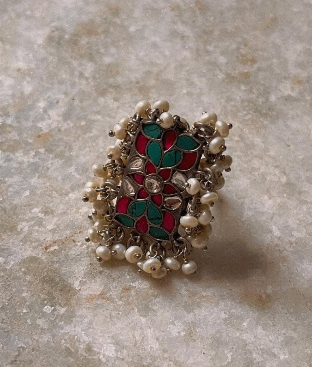 Antique Turquoise Meenakari Kundan Fresh Water Pearls Handcrafted Silver 925 Sterling Adjustable Ring